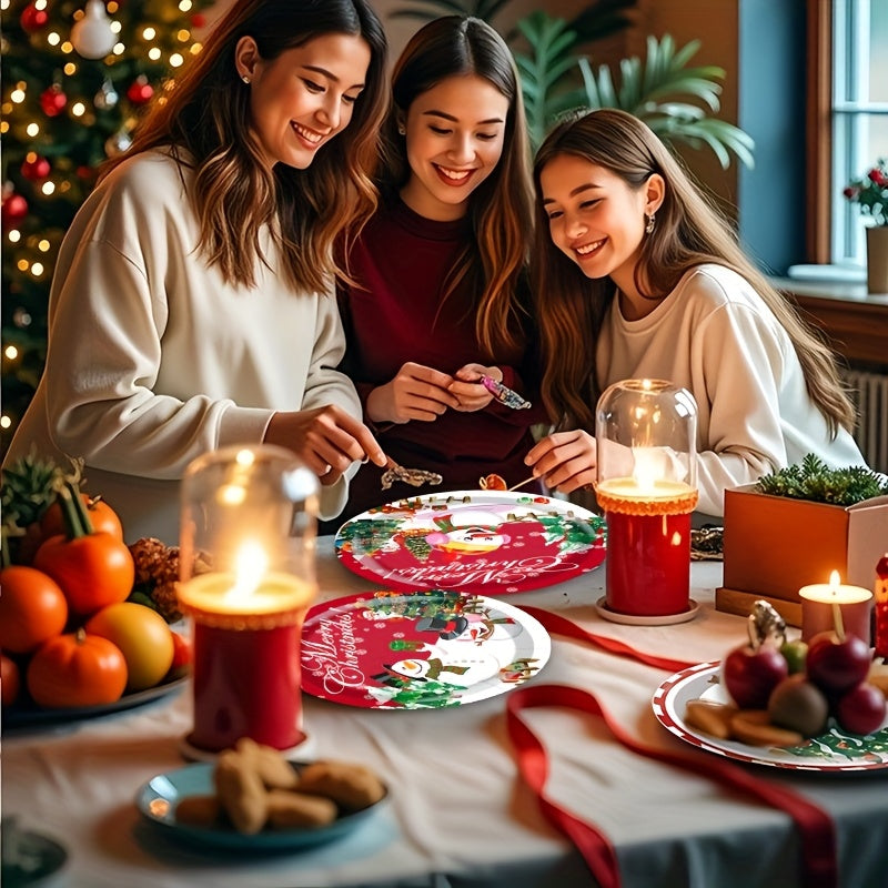 30pcs Festive Christmas Party Tableware Set - 22.86cm & 17.78cm Snowman Themed Paper Plates and Cups with "Merry Christmas" Design, Food-Safe Paper for Holiday Celebrations, Christmas Decorations, Perfect for Thanksgiving for