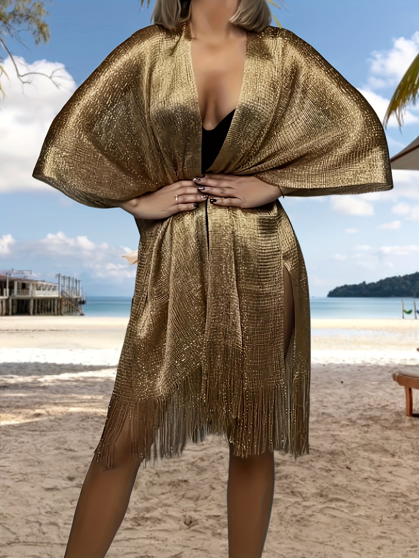 Plus-Size Luxurious Golden Fringe Bikini Swimsuit, Sun-Protective and Wind-Resistant Fringe Cardigan Coat Shawl Swimwear Cover Ups