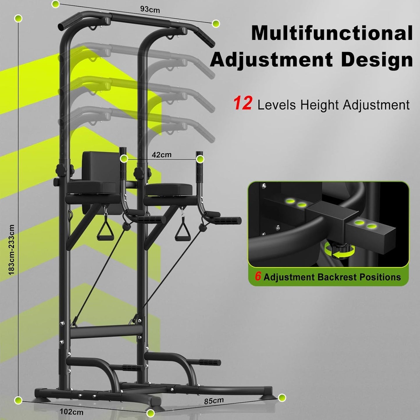 Home Gym Power Tower Pull-Up & Dip Station for Home Gym - Adjustable Height Range, 330LBS Capacity with Anti-Slip Suction Cups H-Steel Base Power Rack Women Men Sports Supplies