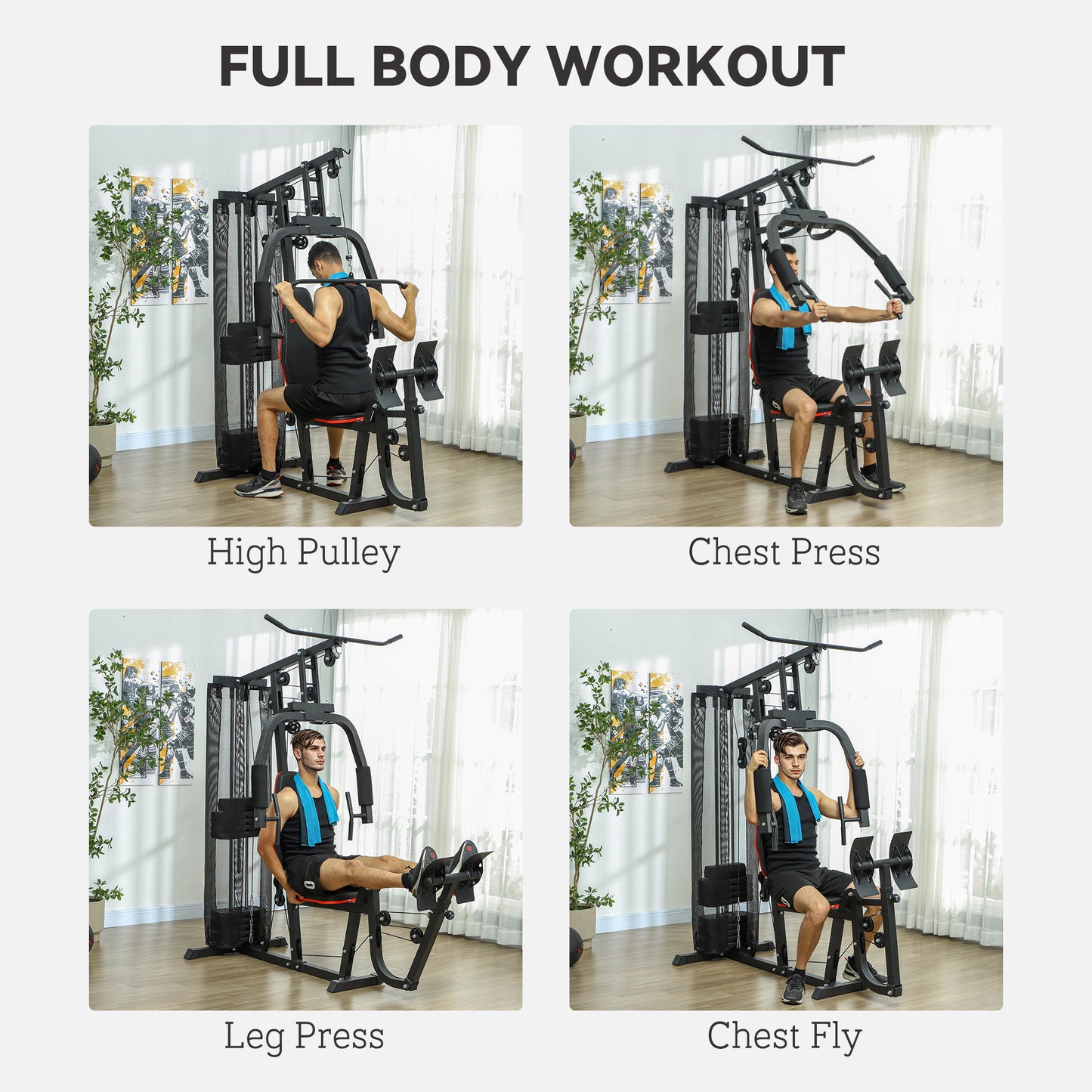 Compact Home Gym System with 45kg Weight Stack, Weights Machine, Multi-Gym Leg Press Machine Dual-Action Chest Station for Full Body Fitness Training Women Men Sports Supplies