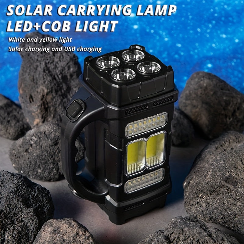 Multi-functional Solar Portable light, LED & COB Emergency light, USB charging, IP65, Front And Rear Dual Light illumination, Can Charge Your Cell phone, White Light & Yellow Light flashlight, Suitable for camping, hiking, ma