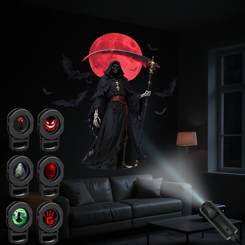 6 Patterns Lights Halloween LED Projection Light, Yard, Festival, Camping, Party USB Light, Ground Pattern Atmosphere Light, USB Powered Energy-Saving Portable with Multiple Patterns: Witch, Grim Reaper, Ghost, Skull, Horror