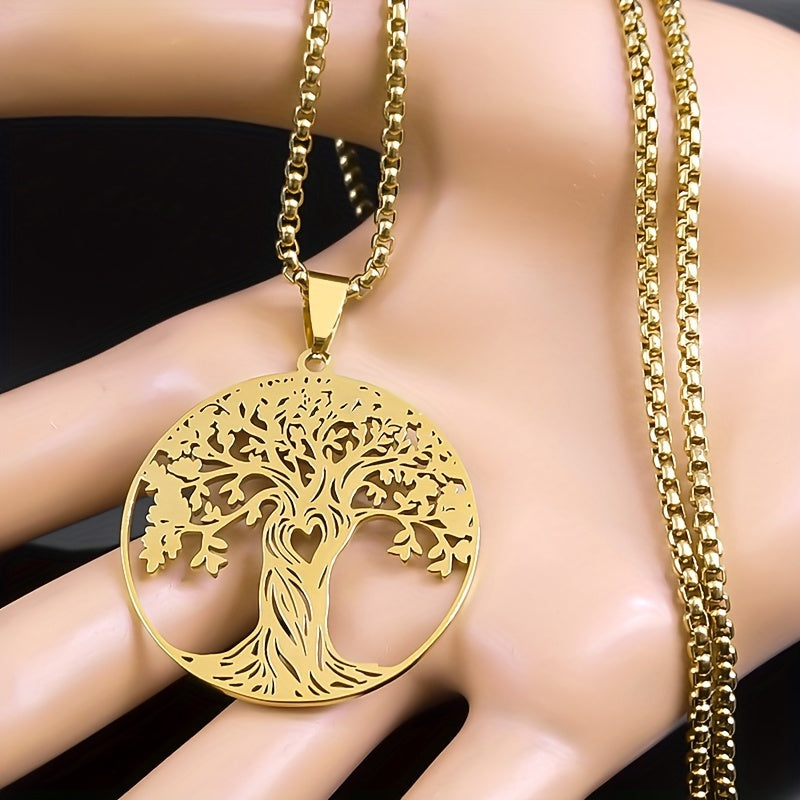 Stainless Steel Golden And Silvery Lucky Amulet Necklace For Women With A Tree Of Life Design