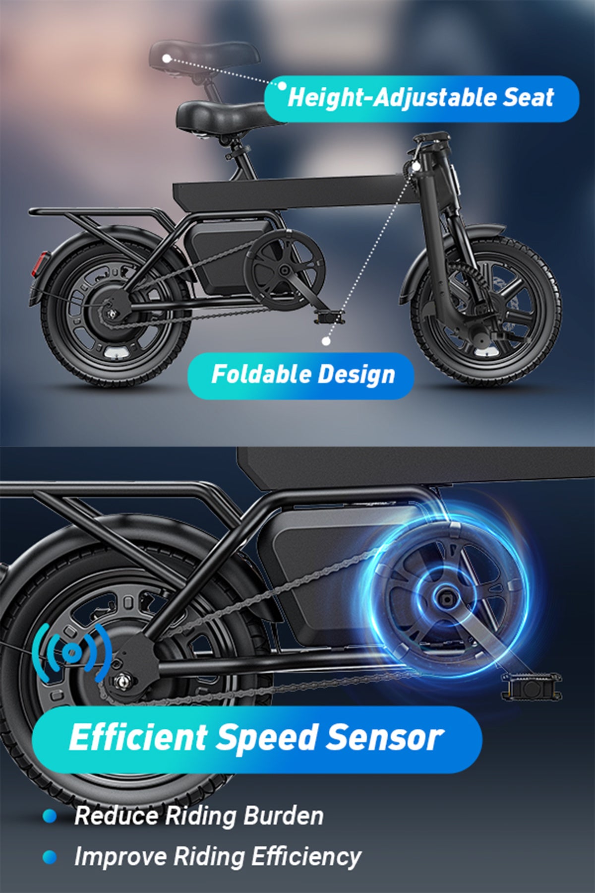 14inch Foldable Electric Bike, Mini City E-Bike, LCD Display, 36V 7.8Ah Battery, 250W Motor, 4 Riding Modes, 4 Speed Levels,25km/h Top Speed And 45km Max Range, With Rear Rack, Pedal Assist, Dual Disc Brakes, Night Lights, an
