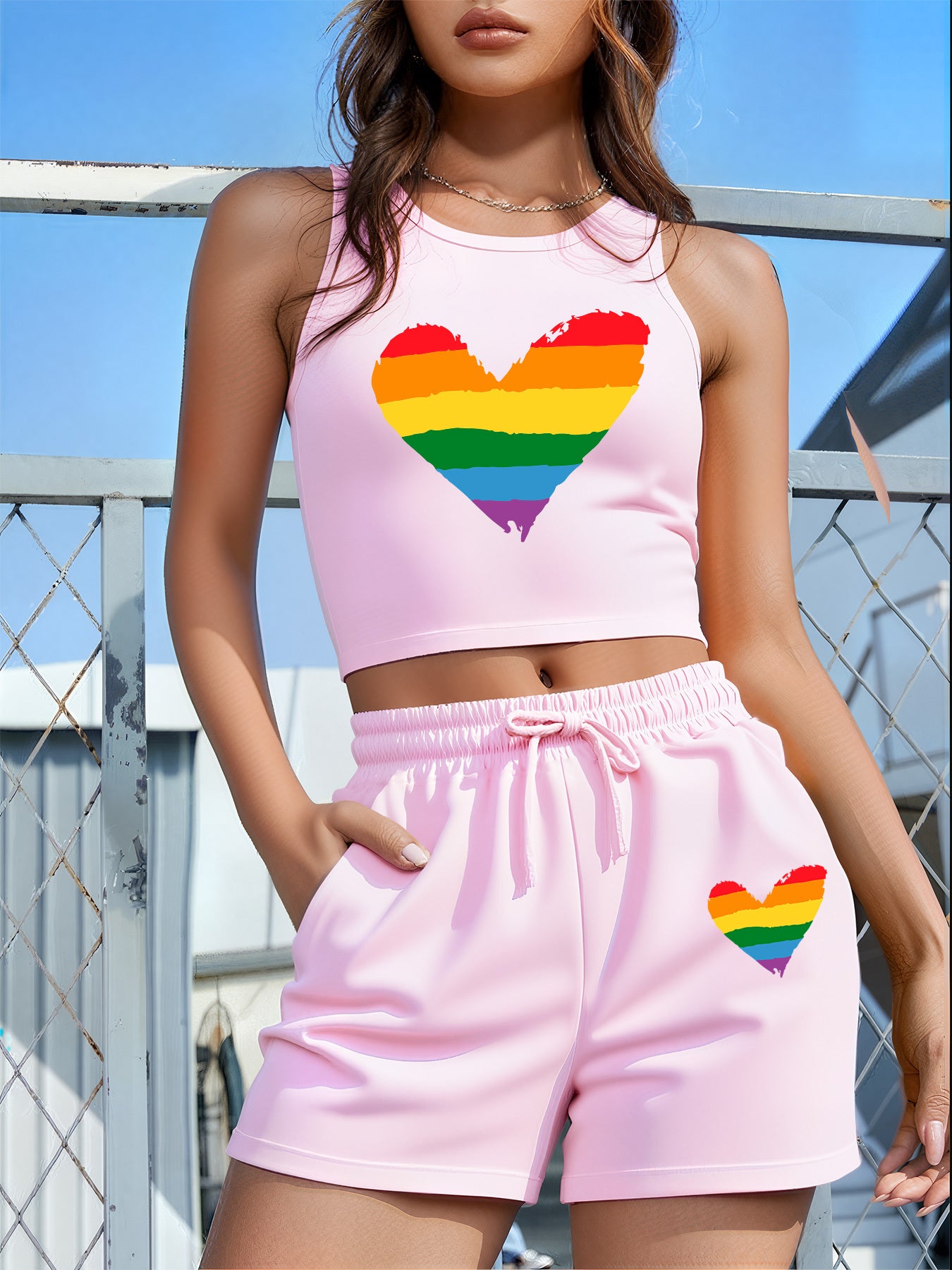 2PCS Set 5 Colors Women's LGBTQ+ Pride Heart Graphic - Sleeveless Vest & Loose Shorts Outfit in Red with Green/Purple Stripes, Drawstring Waist - Machine Washable Lounge, Party, Everyday Outfits