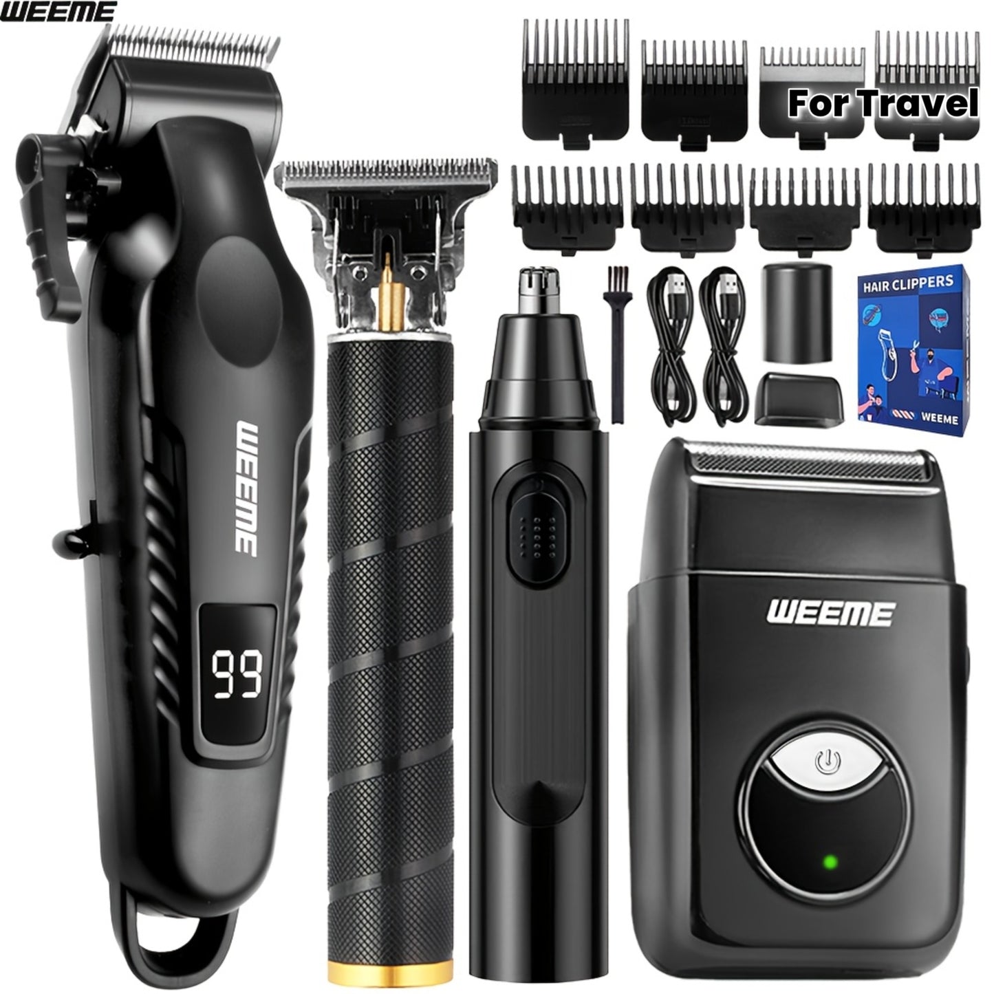 4 PCS Set Men's Grooming Kit with USB- Fast-Charging Clipper, T-Trimmer, Razor & Nose Hair Trimmer - All-in-One Hair & Shaving System for Home, Travel - Ideal Gift for Dad, Husband, Boyfriend (Birthday/Father's Day)