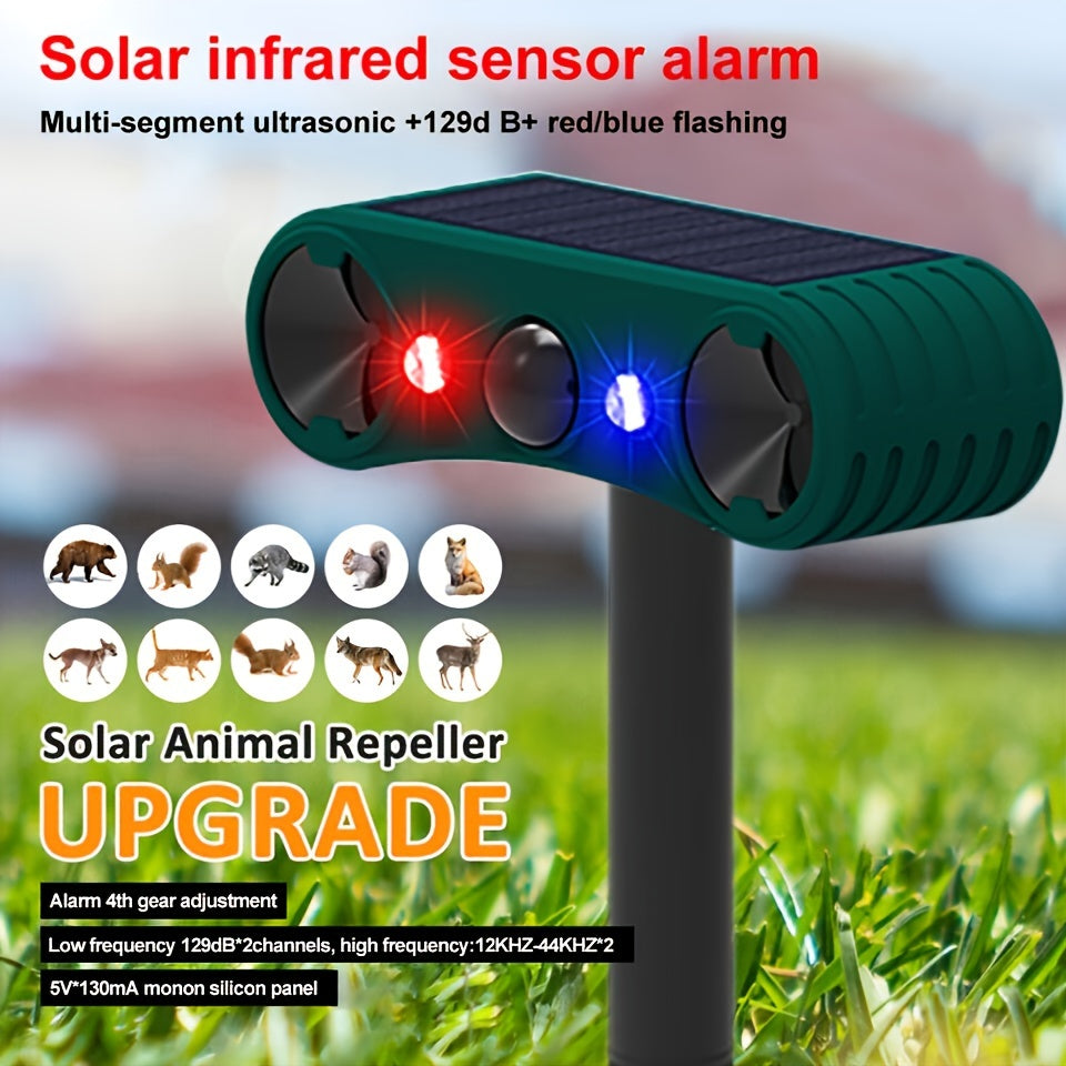 Upgraded Ultrasonic Solar Animal Repellent with Infrared Induction Alarm, 129dB High Frequency Motion Detector & Sensor, Red/Blue Flashing Light Home Farm Garden Powered Repellent