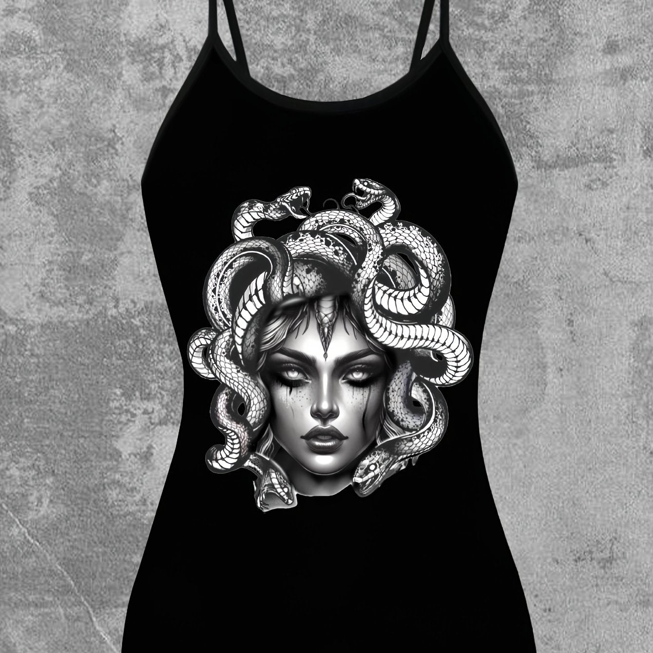 Women's Greek Goddess Medusa Print Sleeveless Dress-like Top - Greek Key & Medusa Design, Black & Green Summer Blouse, Machine Washable Elegant Casual to Party Wear, Backless Tops For Women, Backless Blouse, Festival Tops, Ba