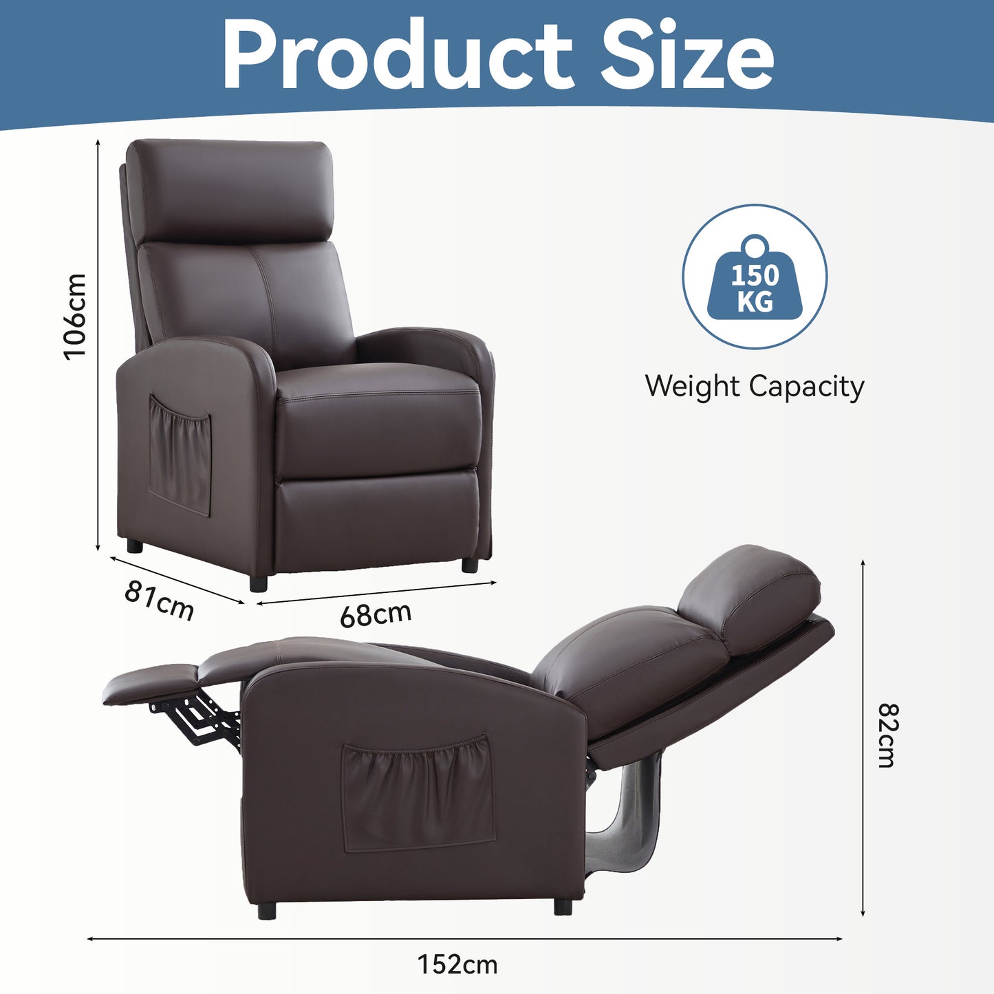 Push Back Recliner Chair Bed , Single Sofa with Lumbar Support, Padded Backrest, Side Pocket and Adjustable Leg Rest for Home Living Room