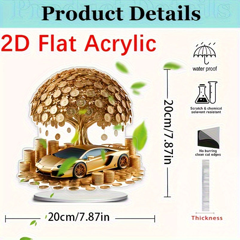 2D Flat, Money Tree in Golden Sports Car Decoration - Wealth & Prosperity Symbol with Coins, Acrylic Tabletop Decor for Home/Office, Luxury Car Interior Design, No Electricity Needed - Ideal Birthday/Chinese New Year/Lucky Ho