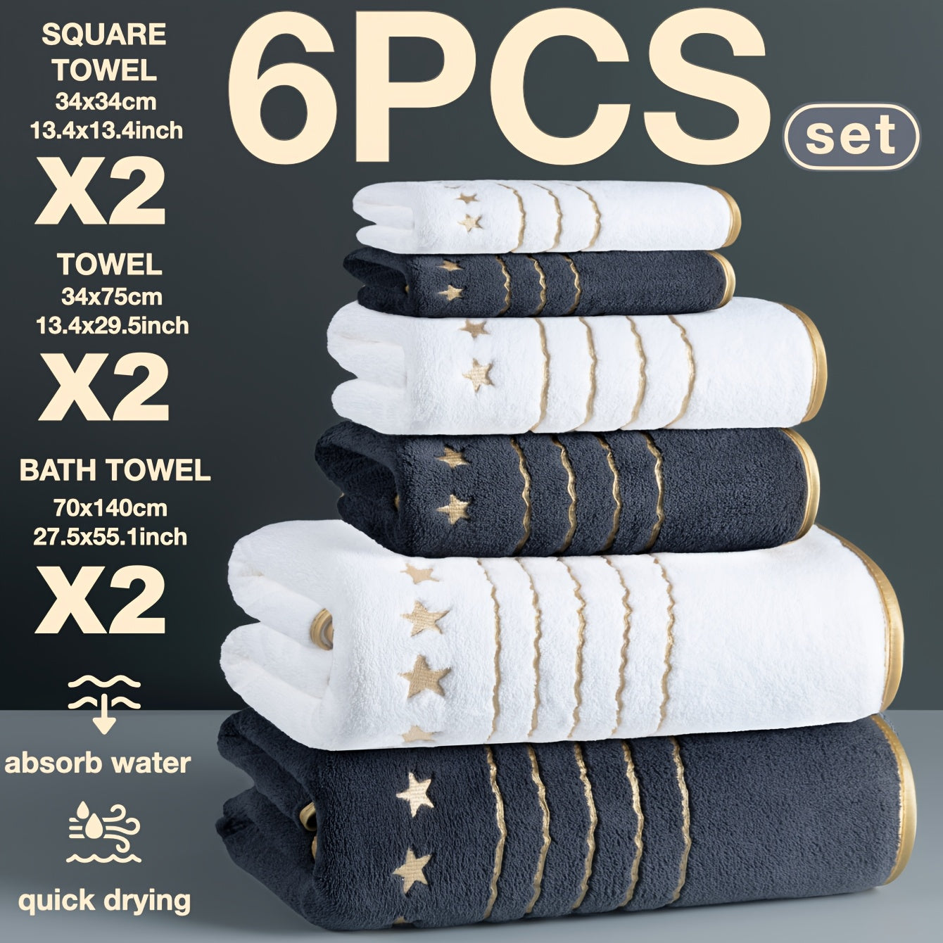 4/6-PCS Set Ultra-Soft Golden Thread Light Luxury Five-Star Embroidered Towel Bath Towel Set, 2 Bath Towels 69.85 X 139.95 cm, 2 Hand Towels 34.04 X 74.93 cm, 2 Washcloths 34.04 X 34.04 cm, Perfect for Home, Hotel, and Spa Us