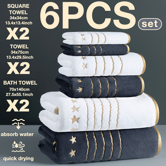 4/6-PCS Set Ultra-Soft Golden Thread Light Luxury Five-Star Embroidered Towel Bath Towel Set, 2 Bath Towels 69.85 X 139.95 cm, 2 Hand Towels 34.04 X 74.93 cm, 2 Washcloths 34.04 X 34.04 cm, Perfect for Home, Hotel, and Spa Us