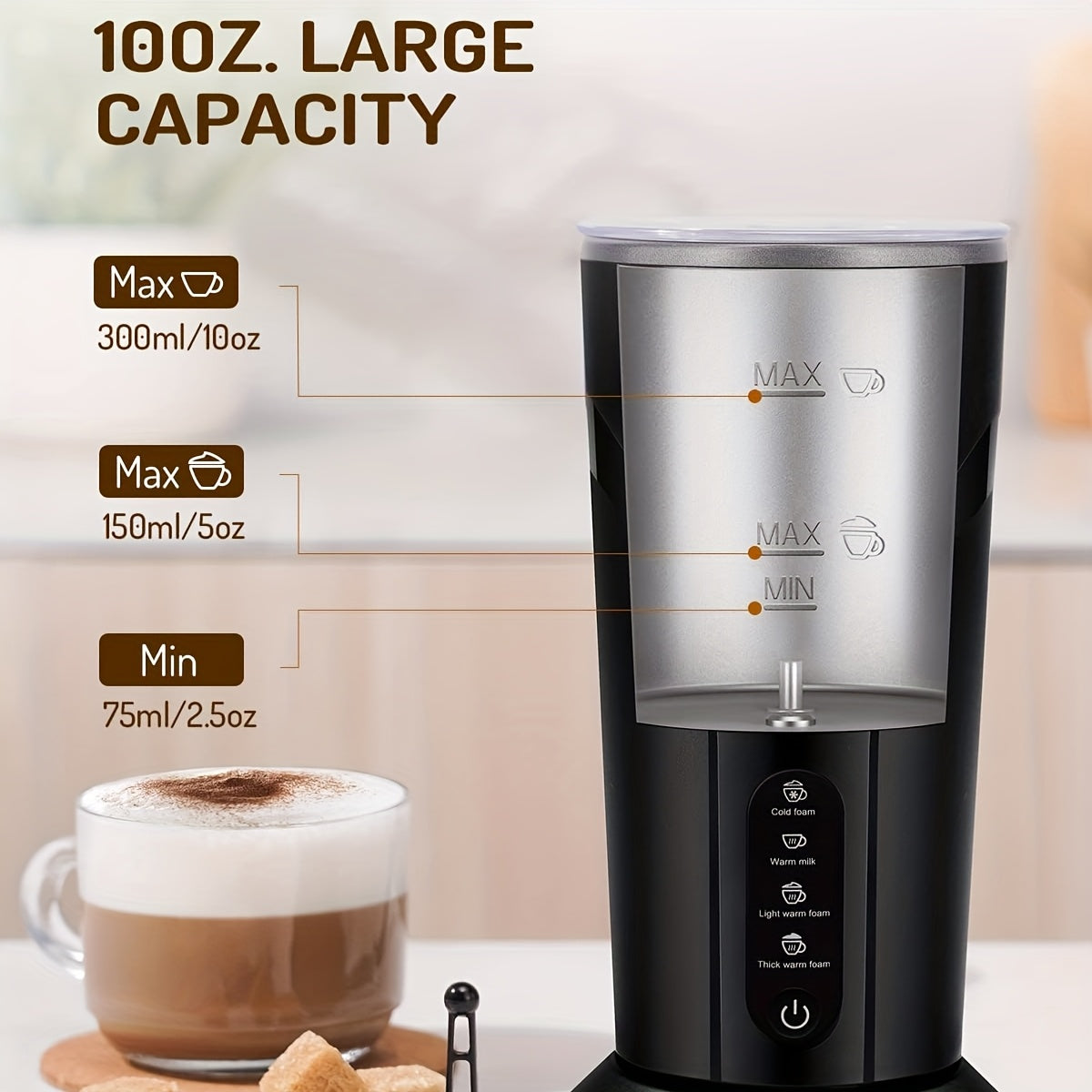 Milk Frother Electric And Steamer with Warm Function, 4in 1 Automatic Milk Warmer Heater, Hot And Cold Foam Maker for Coffee Latte Cappuccino, Hot Chocolate, 300ml, Cappuccino Maker, Latte Modern Frother, Sleek Design