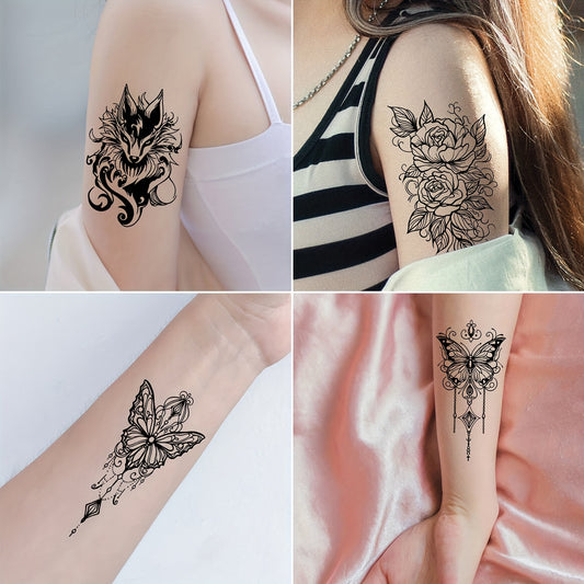 30 SHEETS Set Temporary Tattoo Stickers, Black Butterfly Feather Wind Chime Wings Planet Spider Guitar Flower Heart Pattern Tattoo Stickers, Body Wrist Collarbone Art Waterproof Fake Tattoo Stickers Suitable for Women, Tempor