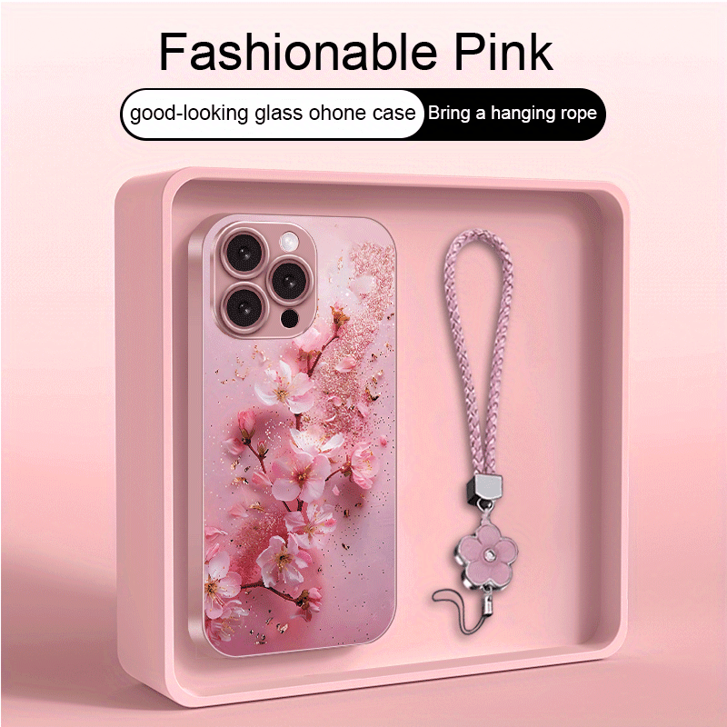 Golden-Plated Cherry Blossom Metal Paint Glass Phone Case with Lanyard for iPhone 16/16 Plus/16 Pro/16 Pro Max/15/15 Plus/15 Pro/15 Pro Max/14/14 Plus/14 Pro/14 Pro Max/13/13 Pro/13 Pro Max/13 Mini/12/12 Pro/12 Pro Max/12 min