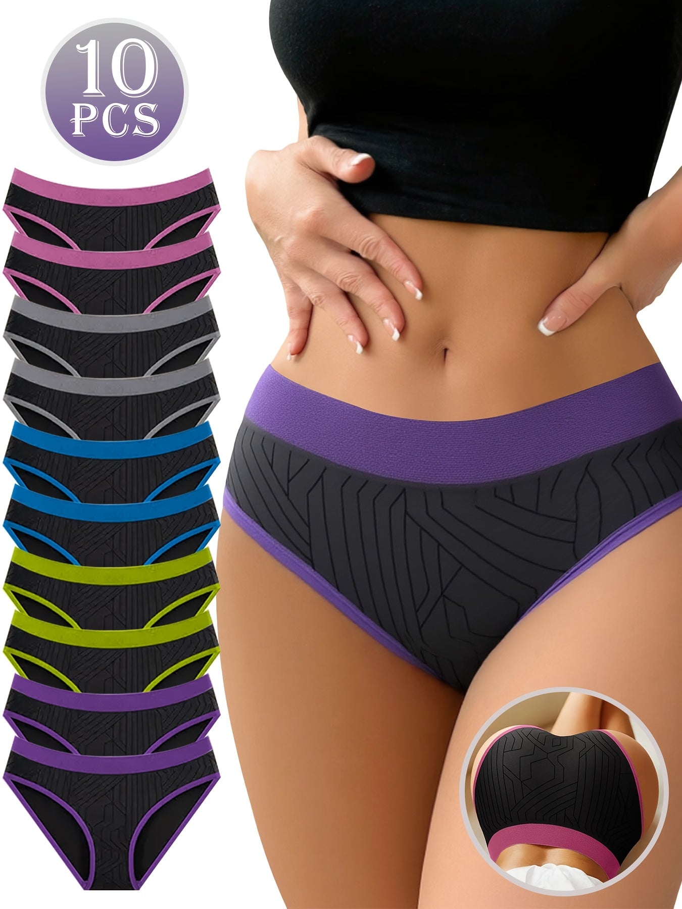 10 PCS Set Women's Elegant & Breathable Yoga Briefs - Soft Stretchy Fabric, Mid-Rise, Color Block Design, Perfect for Yoga, Running & Fitness, Seamless, Non-See-Through, Comfortable Women's Briefs | Seamless Design | Soft Fa