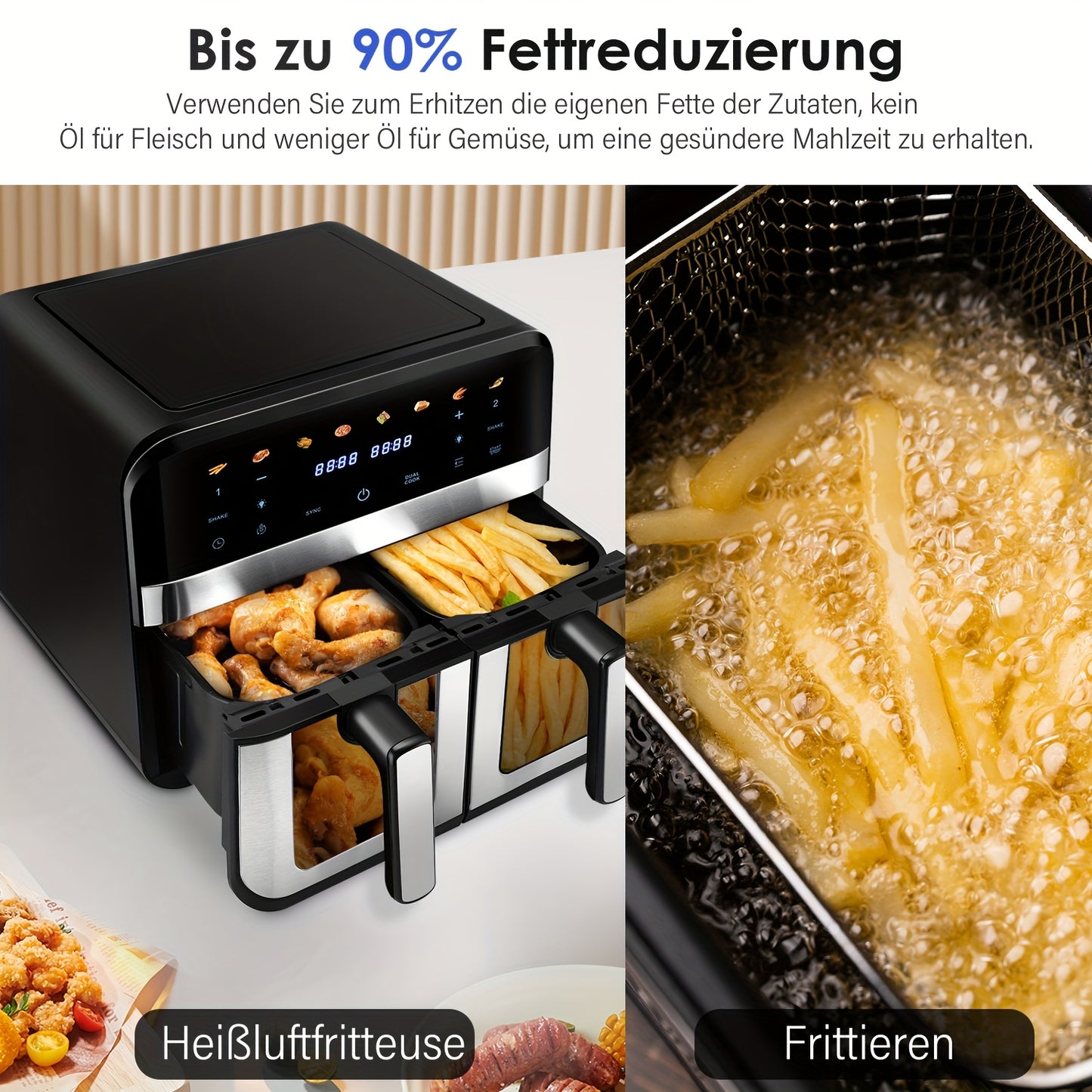 9L Dual-Basket Air Fryer (4.5L+4.5L), 2400W High-Power Cooking, Independent Temp Time Control, Smart Touch Panel with 8 Preset Modes, 80-200°C Adjustable Temp, 60Min Timer, Rapid Air Circulation, Stainless Steel Front, Heat-