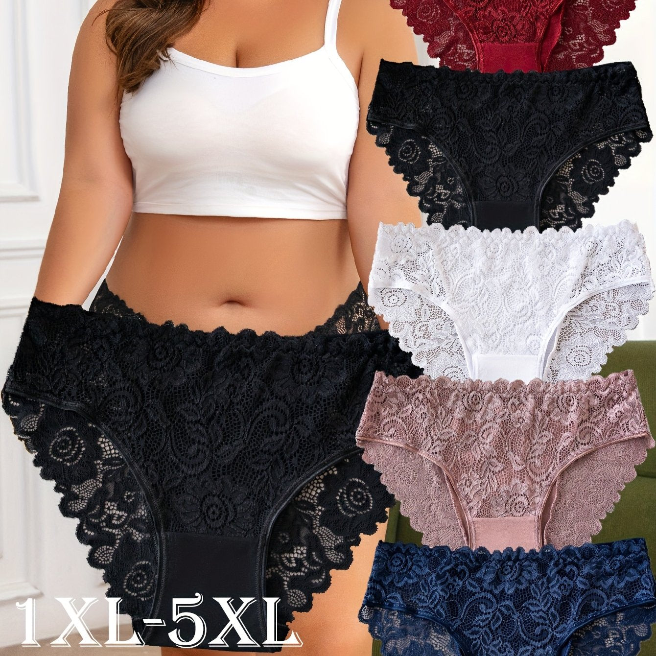 For Curvy Ladies UK XL-5XL (18-26) Plus Size 5 PCS Set Sexy Lace Panties, Comfortable and Breathable Mid-rise Underwear, Semi-transparent Lace Panels with Floral Prints, Perfect for Summer Beach Bikinis