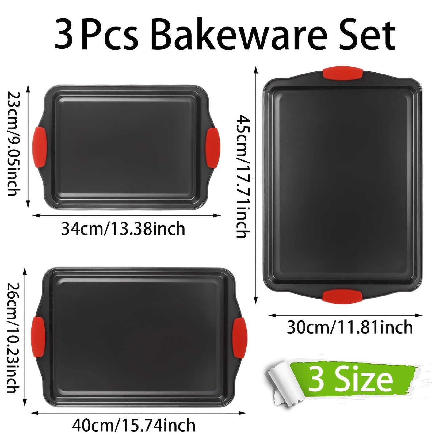 3 PCS Set Non-Stick Pan Baking Tray, with Red Silicone Handle, Kitchen Baking Plate, Heat-resistant and Non-Sticking, Home Use Baking Tray, Cake, Oven Cookie Baking, Rectangular Cookie Tray, Easy to Clean, Suitable for Cookie