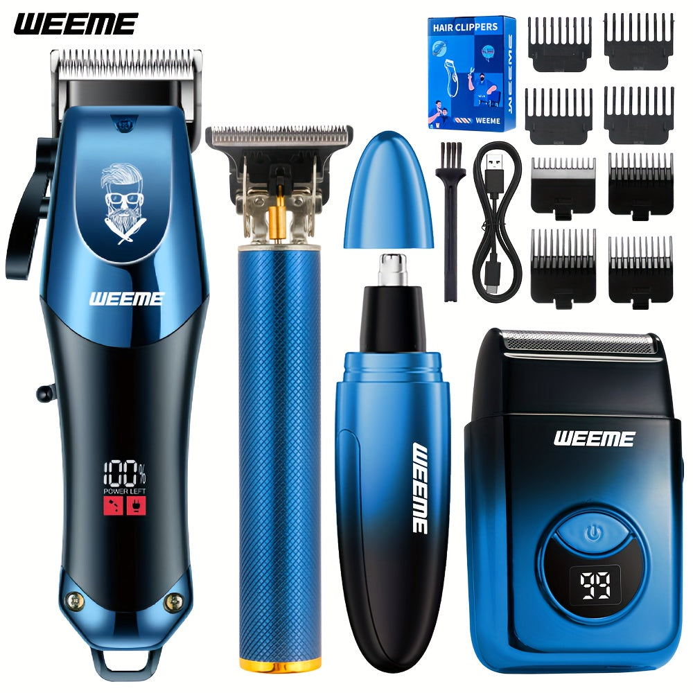 4 PCS Set Men's electric hair clipper, nose hair clipper, shaver set - wireless USB charging professional hair clipper set with lithium battery - his ideal gift, hair accessories | modern hair clipper tools | fashionable blue