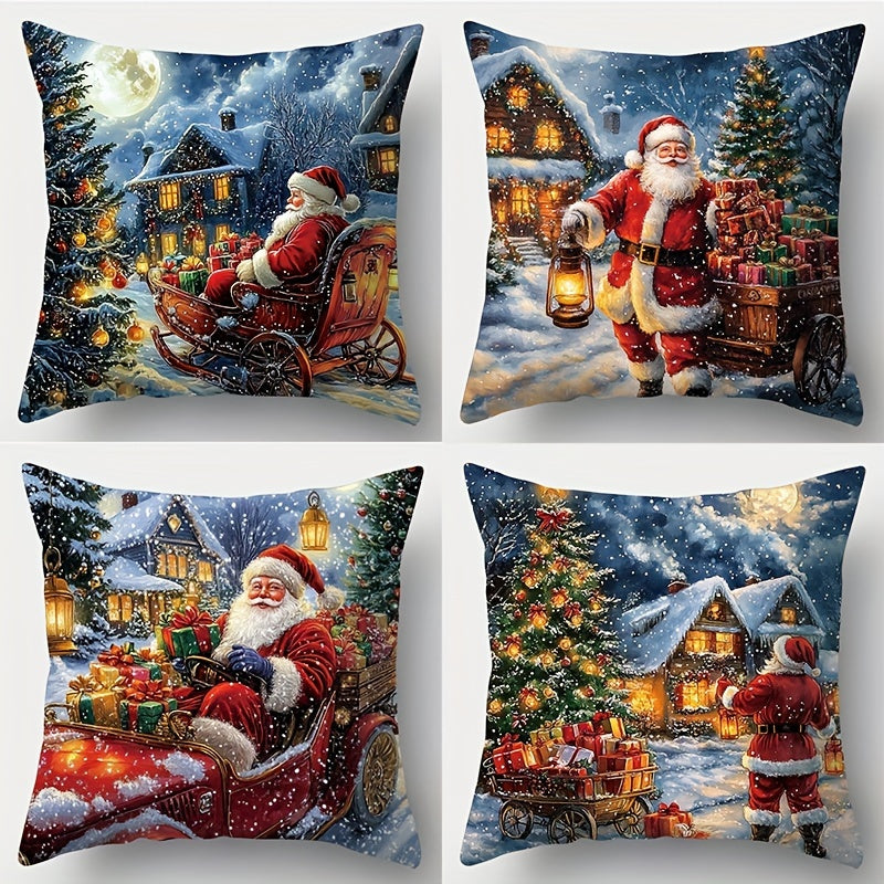 4-Piece Christmas Throw Pillow Covers Set, Contemporary Style, Hand Wash Only, Zipper Closure, Woven Polyester, Santa Claus, Christmas Tree, Sled, Reindeer Printed Cushions for Living Room Decor, 45.01cm