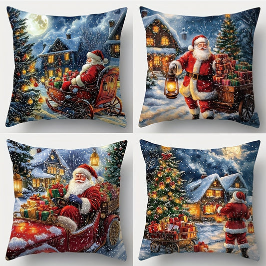 4-Piece Christmas Throw Pillow Covers Set, Contemporary Style, Hand Wash Only, Zipper Closure, Woven Polyester, Santa Claus, Christmas Tree, Sled, Reindeer Printed Cushions for Living Room Decor, 45.01cm