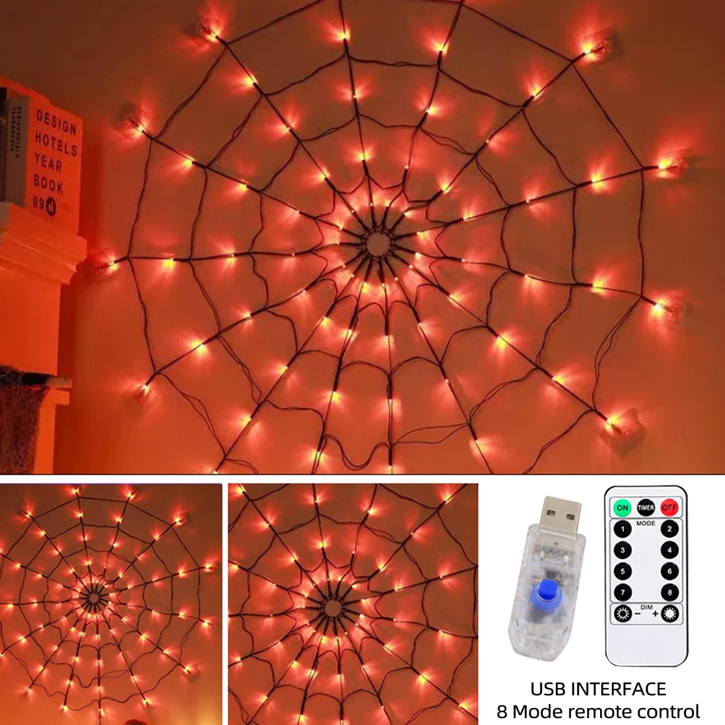 1pc,Halloween Spider Web Lights, 70 LED Purple,Orange, Halloween Light String 8 Modes, Net Lights for Party, Bedroom, Bar, Haunted House, Halloween Decoration(Purple,Orange)
