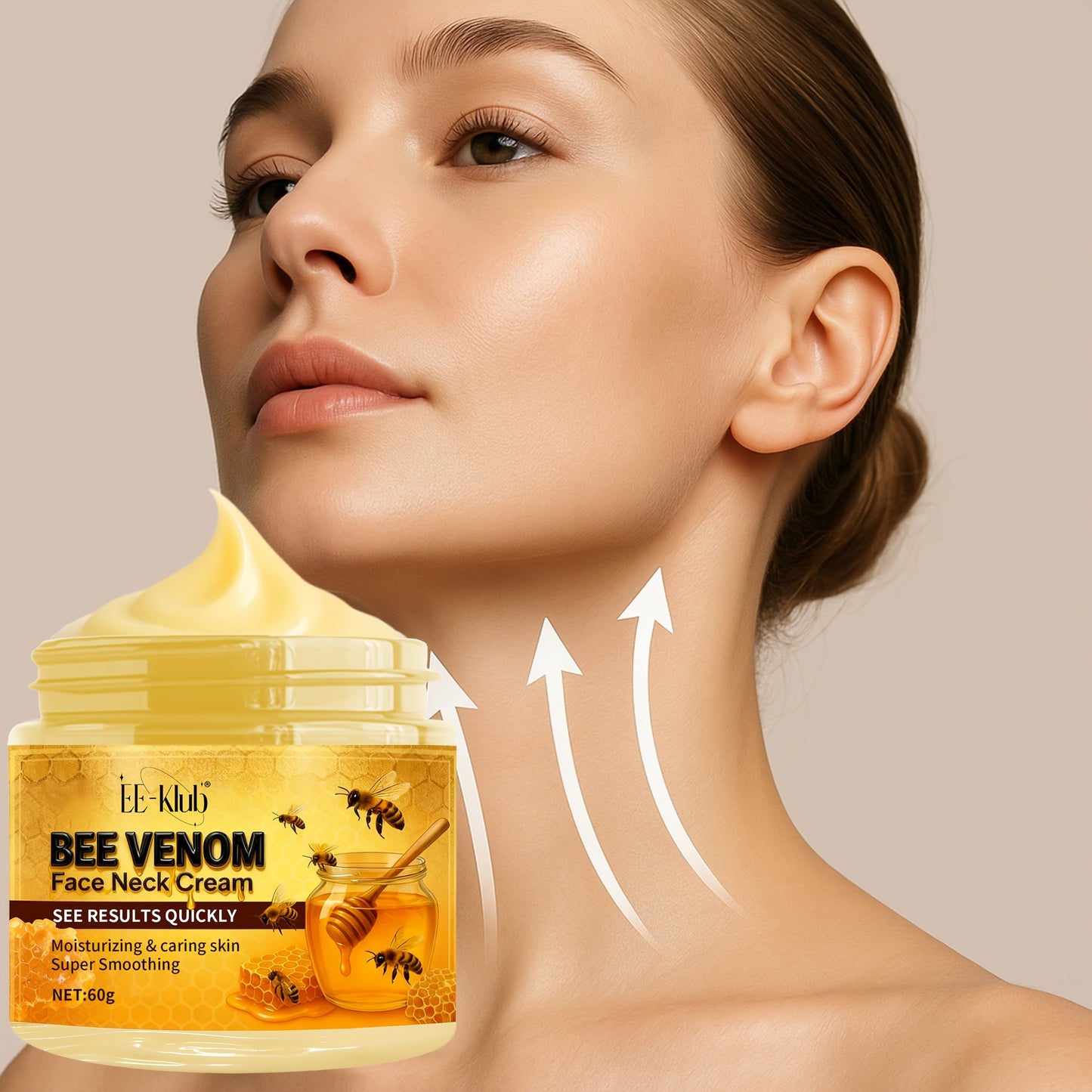 Bee Venom Firming Neck Cream with Light Beige Care Ingredients, Collagen, Bee Toxin, and Hyaluronic Acid to and Fine Lines, Day and Night Use - Light Beige Care, Fashionable Packaging, 60g/2.12oz, Suitable for All Light Beige