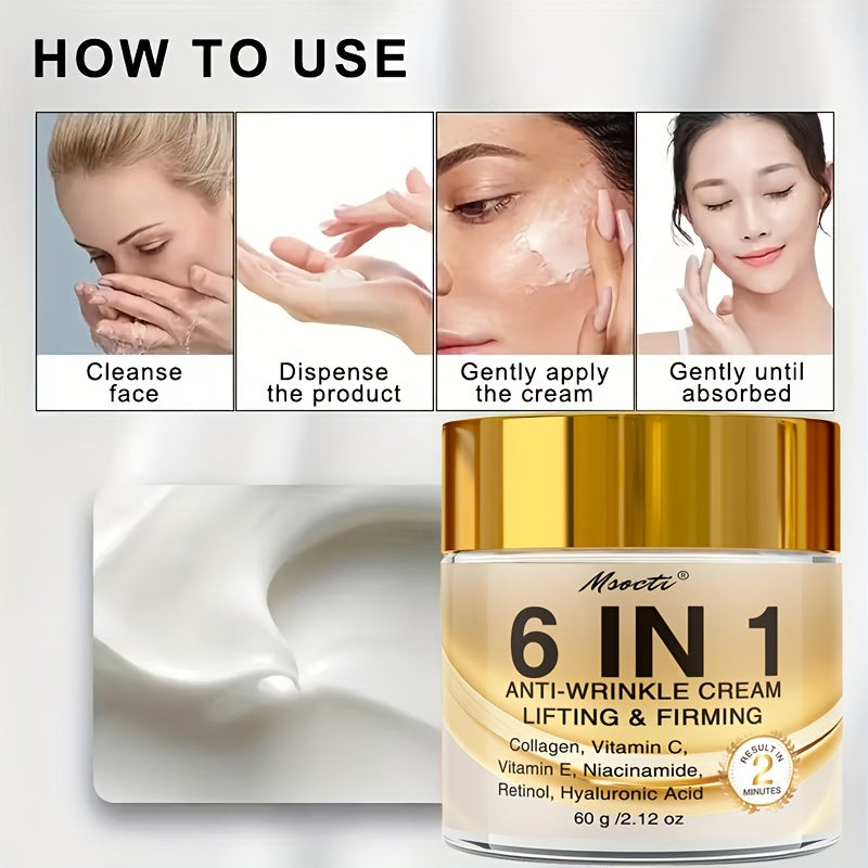 NEW 6-in-1 Instant Firming and Lifting Cream Deeply Moisturizes, Smooth Dry Skin, Enhances Radiance and Elasticity, Skincare, Makes Skin Look Younger, Contains Retinol, Hyaluronic Acid, Niacinamide, Vitamin C-E, Collagen, 60g