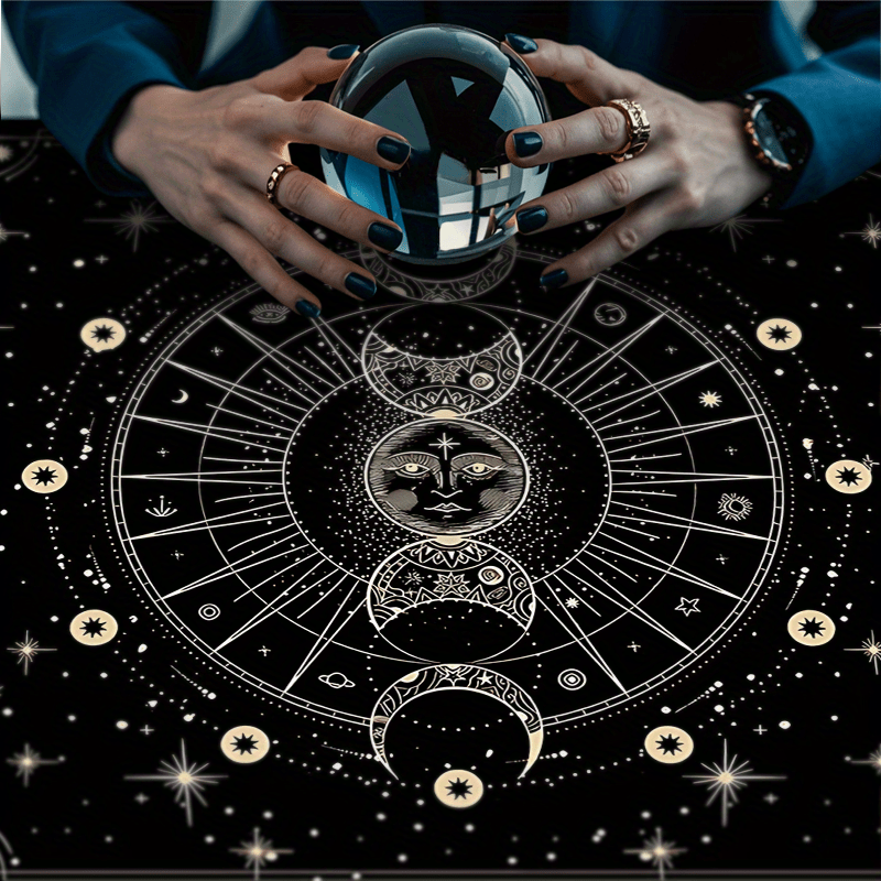 Bohemian Sun Moon Mandala Altar Cloth Celestial Horoscope Tarot Card Tablecloth Moon Phase Black Gaming Tablecloth Spiritual Guidance Reading Card Pendulum Mat Future Prediction Divination Cloth Portable Witchcraft Astrology