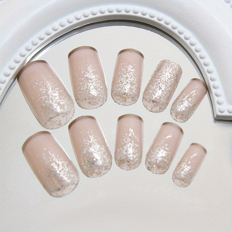 24 PCS Set Upgrade Your Look of Short Square Nail Art Wearable Nails French Style Simple Design Shiny False Nails Extended Removable Nails with Jelly Glue 1 Nail File 1