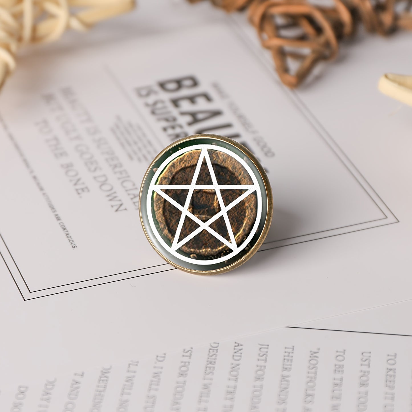 Pentagram Secret Society (unisex Wide-band Ring with Inlaid Patterns), Featuring a Mysterious Pentagram Design with a Vintage Metallic Finish and Circular Motif on a Dark Background. The Adjustable Width Ensures Comfortable W