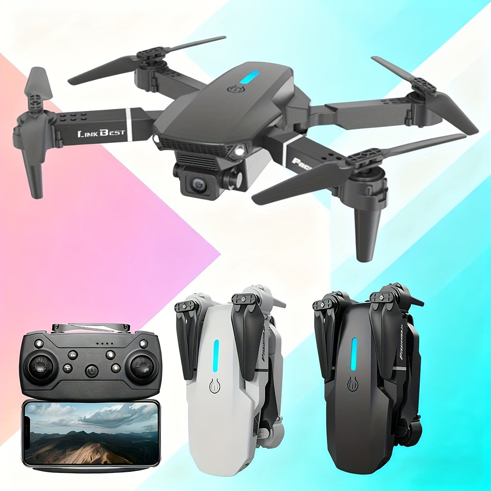 E88 Pro! Featuring a Foldable Design,  Compact And Lightweight, Available in Two Minimalist Colors: Black And Gray, Along with a Sturdy Build. It Has Dual 480P Cameras And Remote Control Operation