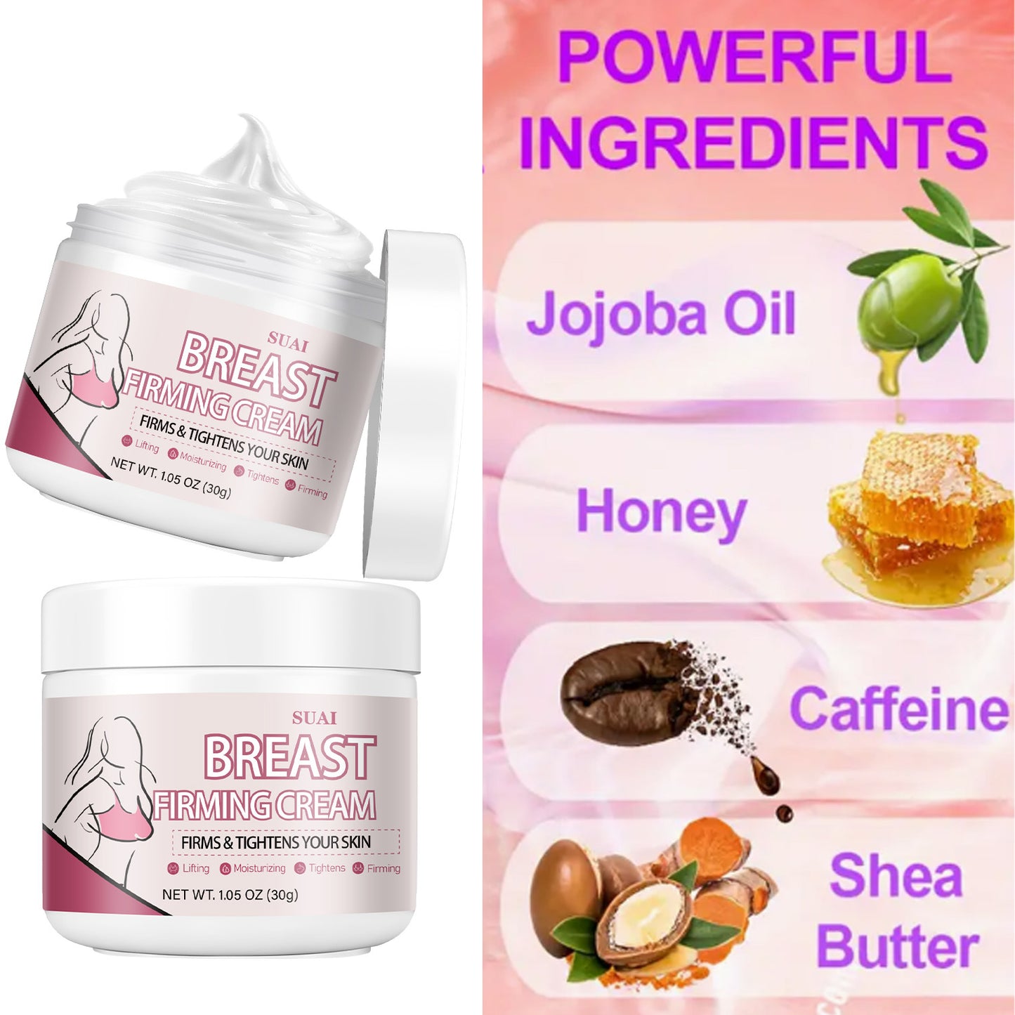 Breast Firming Cream Moisturizes Tightens Skin, Smoothes Skin with Jojoba Oil, Honey, Caffeine, Shea Butter, and Vitamin E for Saggy Breast Moisturizing, Skin Looks Visibly Younger, Full Of Femininity, Powerful Formula for Al
