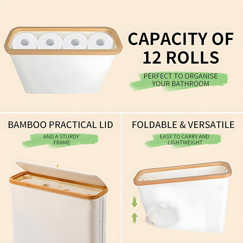 12 Rolls Bamboo Toilet Paper Holder with Lid - 30L Capacity, Modern Fabric Storage Basket for Bathroom, Kitchen, or Office, Multi-Purpose Organizer with Handle, Bathroom Organizer|Sleek Toilet Paper Holder|Durable Bamboo Mate