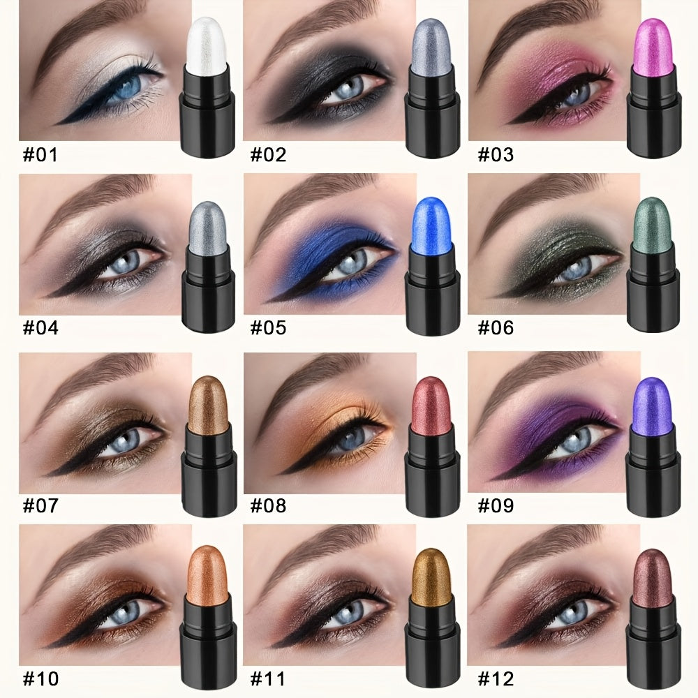 12 PCS -Colors Set Women Eyeshadow Stick Set - Long-Lasting, High-Gloss Glitter & Matte Finishes in Black, Gray, and Mixed Shades