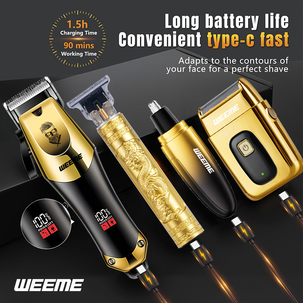 4pcs Men's Golden Electric Hairdresser Set, Household Beard Building Kit. Electric Hair Clipper + Electric Shaver + Electric Nose Hair Trimmer + Fine Trimmer. Used for Home, Car and Travel. Gifts for Fathers, Husbands, Sons,