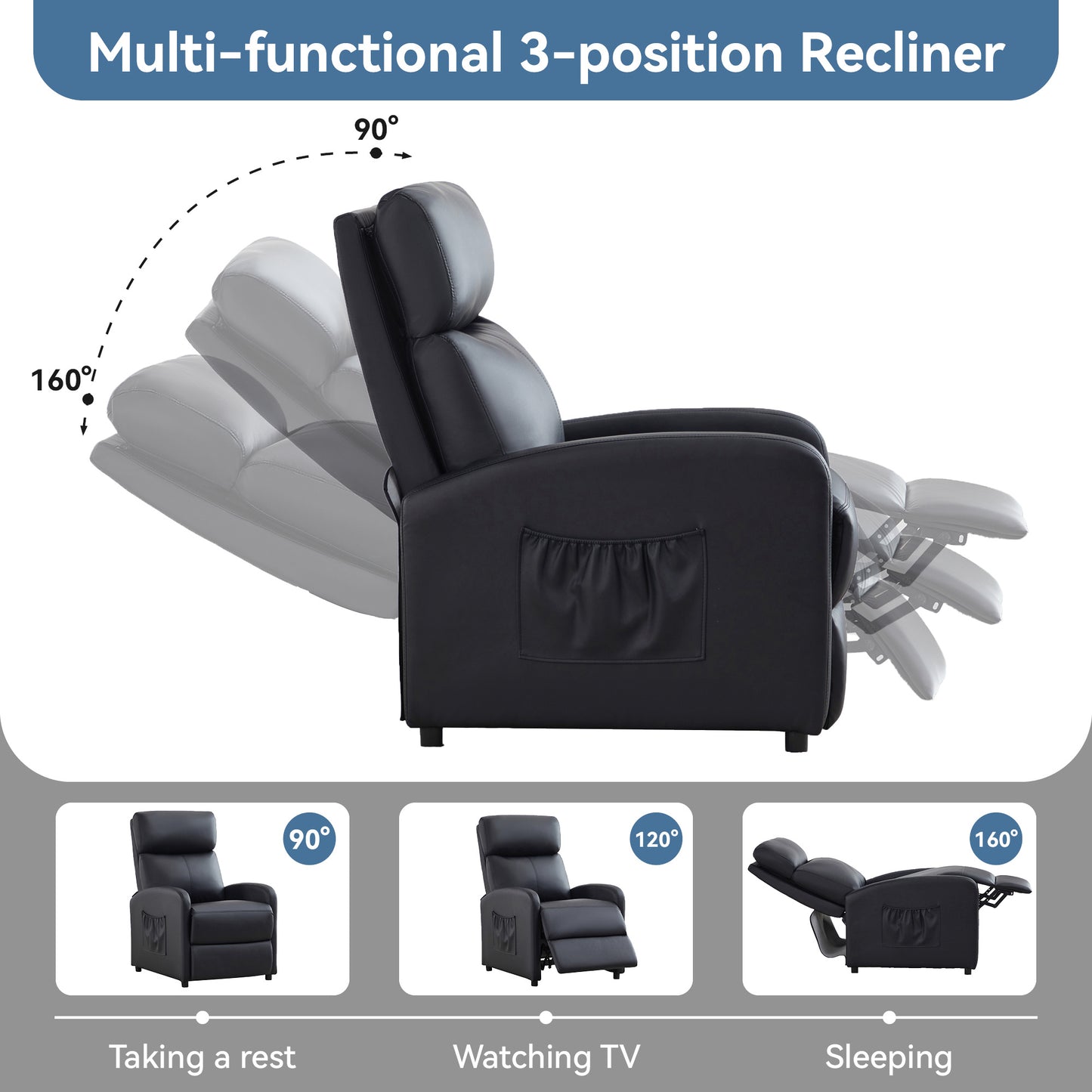 Push Back Recliner Chair Bed , Single Sofa with Lumbar Support, Padded Backrest, Side Pocket and Adjustable Leg Rest for Home Living Room