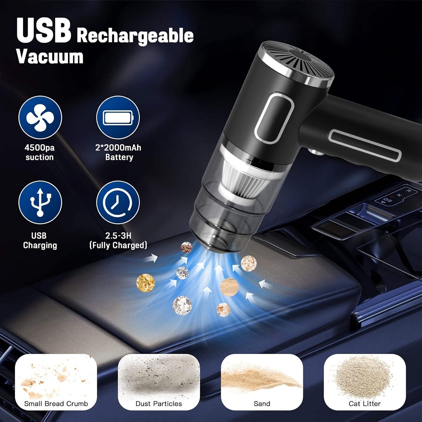 NEW Arrivals Car Vacuum 15000Pa Powerful Suction Handheld Portable with Fast Charging, - Cord-Free Operation, Quiet 80dB, Flat Suction Head & Crevice for Car,, Pet Hair Removal, Car Interior Cleaning ( Charging