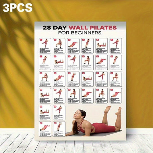 3 PCS Set Home Gym Pilates for Beginners: 28-Day Workout Planner with Step-by-Step Illustrated Exercises - Frameless Yoga Guide Suitable for Home Gym, Studio, Bedroom - Detailed Pilates Routines & Progress Tracker for New Cli