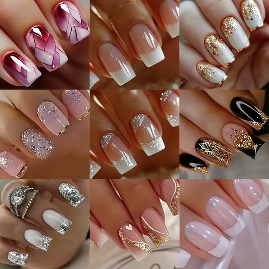 NEW 96 PCS Set 12 Sizes Short Square French-Style Press-On Nails Full Cover - White Tip Gradient Base, Glossy Short Length Fake Nails Suitable for Women, Spring Summer Daily Wear & Special Events
