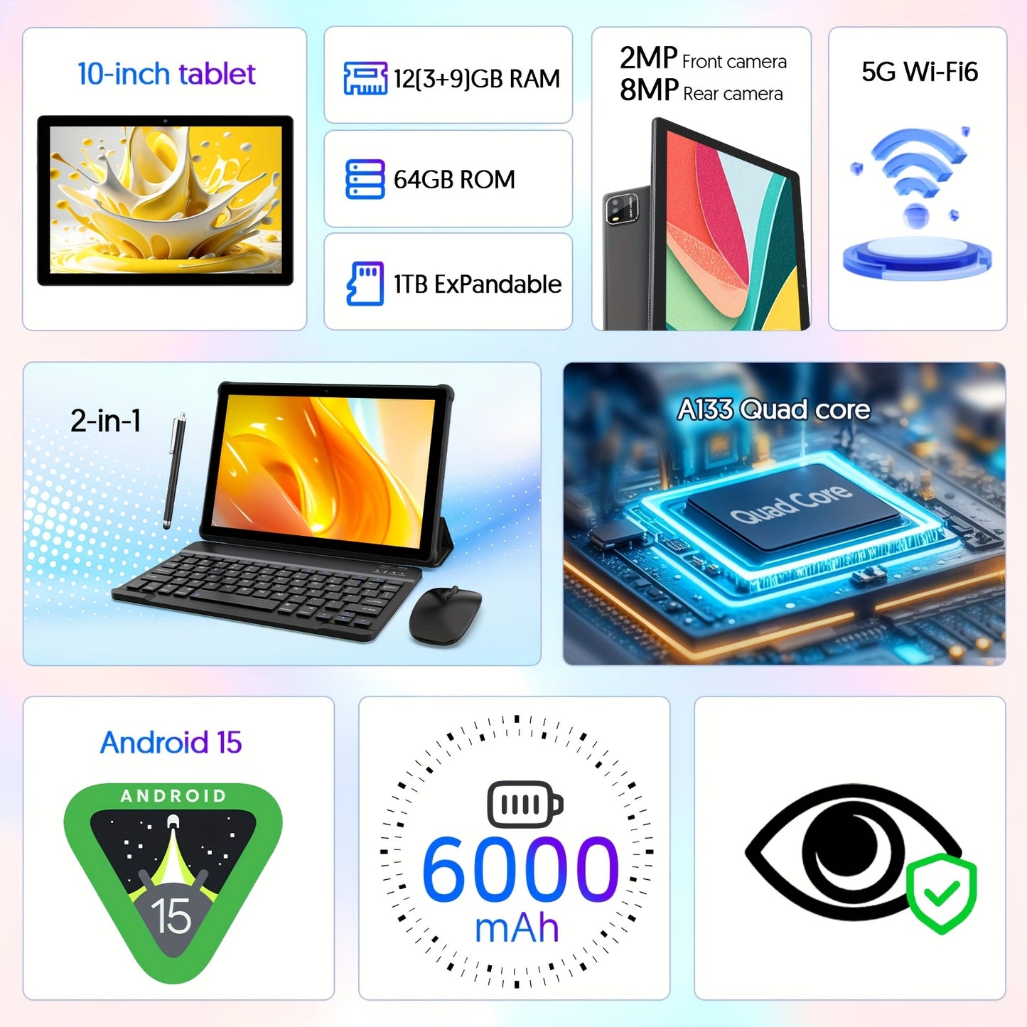 Full Set 10 Inch 2-in-1 Tablet with Keyboard/protective Case/mouse/stylus, Quad Core Android 15 Tablet 12 (3+9 Expansion) GB+64GB+1TB Expansion Tablet, 1280 * 800 IPS Touchscreen Tablet, 2.4G/5G WiFi 6, 2MP+8MP Dual Cameras,