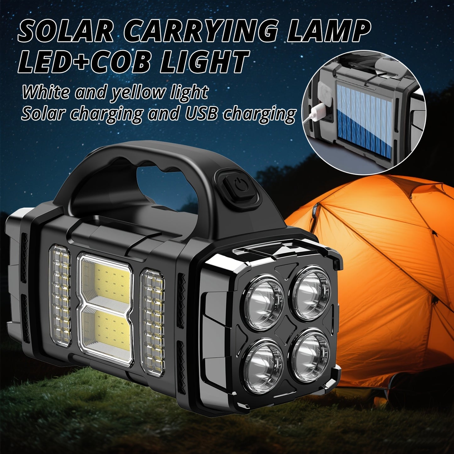 Multi-functional Solar Portable light, LED & COB Emergency light, USB charging, IP65, Front And Rear Dual Light illumination, Can Charge Your Cell phone, White Light & Yellow Light flashlight, Suitable for camping, hiking, ma