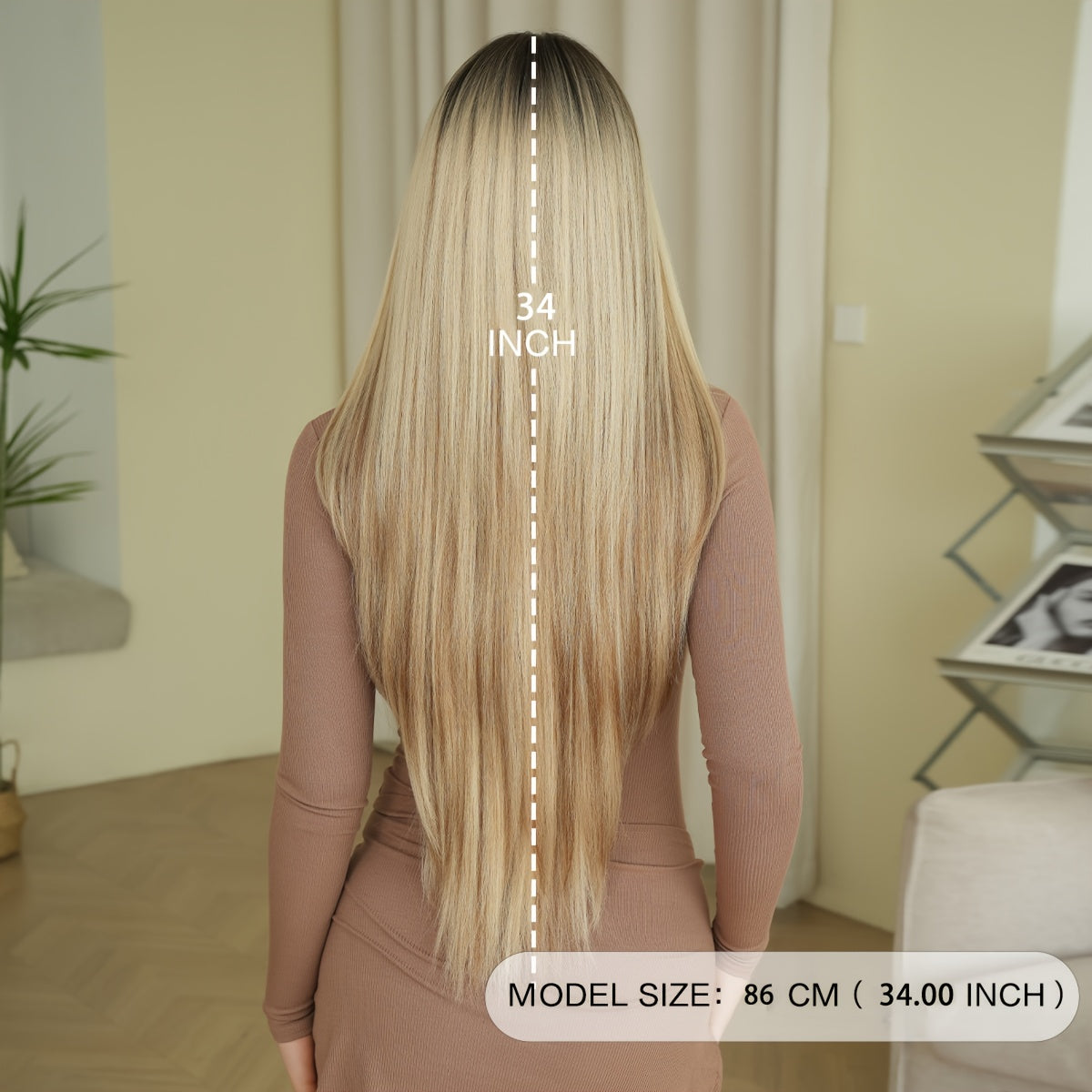 Long Straight Heat-Resistant Synthetic Wig with Dark Brown Roots - 150% Density Rose Net Cap, 86.36cm Elegant Party & Daily Use Wig for Women, Natural Look for Everyday & Special Occasions, Versatile Hairpiece, Sleek Hairpiec