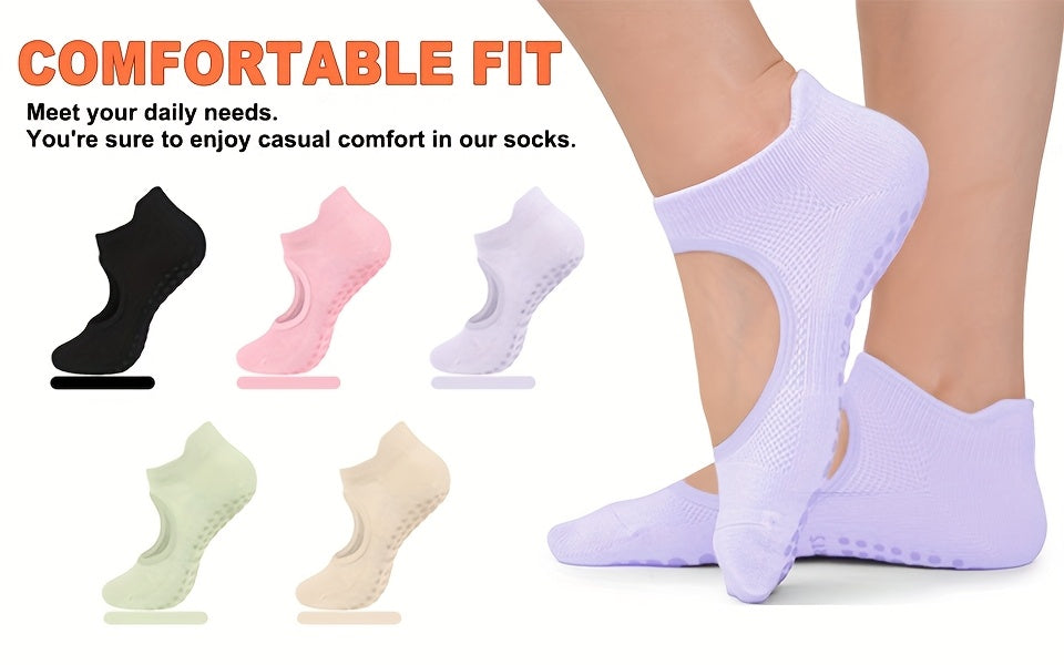 2 Pairs Set 5 Colors Pilates Socks with Grips for Women, Open Top Yoga Socks, Non Slip Grippy Athletic Socks for Workout, Barre, Dance - Breathable Pilates and Ballet Dance Grip Socks