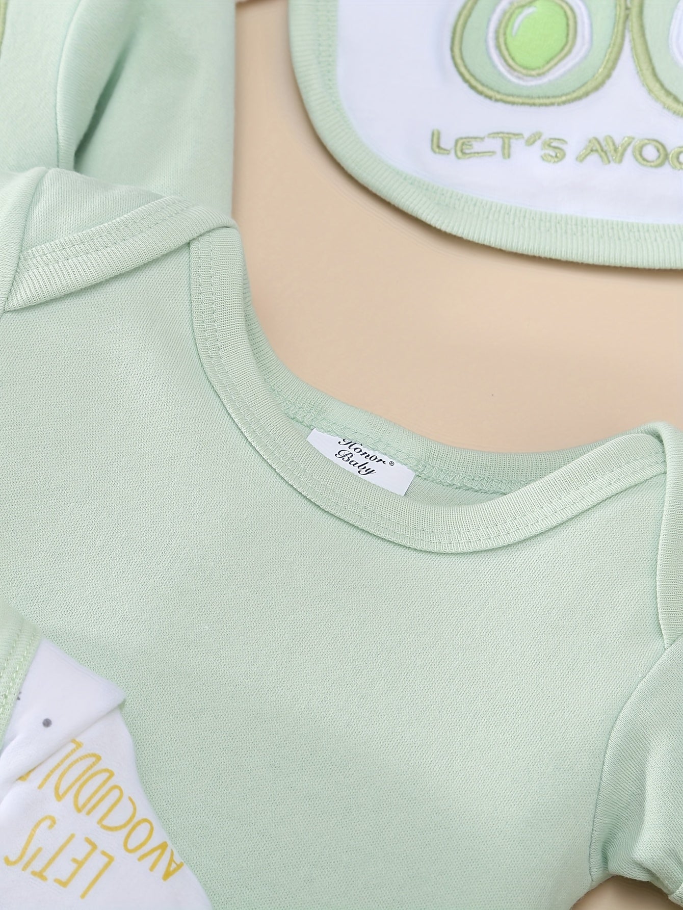 8pcs Set for Boys And Girls Featuring a Comfortable And Soft Cartoon Avocado Print for Spring And Summer, Including Long Romper, Hat, Bib, Socks, Pants, Jacket, Top, And Triangle Bodysuit, for Outdoor