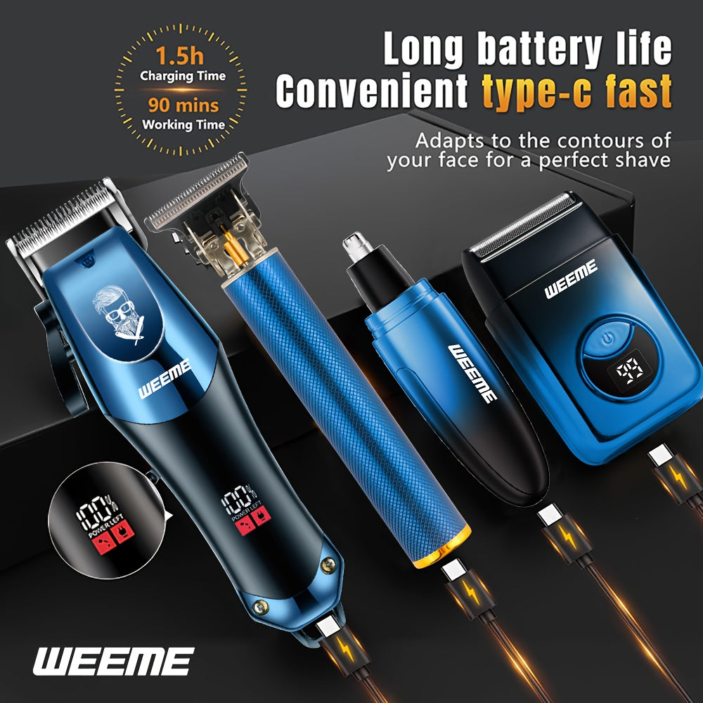 4 PCS Set Men's electric hair clipper, nose hair clipper, shaver set - wireless USB charging professional hair clipper set with lithium battery - his ideal gift, hair accessories | modern hair clipper tools | fashionable blue