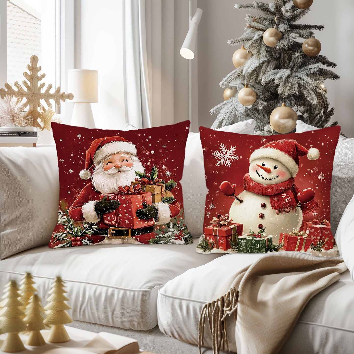4pcs Festive Christmas Throw Pillow Covers, 45.72x45.72 cm, Zipper Closure, Retro Santa & Snowman Designs with Gift Boxes and Wreaths, Farmhouse Holiday Decor for Porch, Patio, Couch, Sofa, Living Room – No Inserts Included