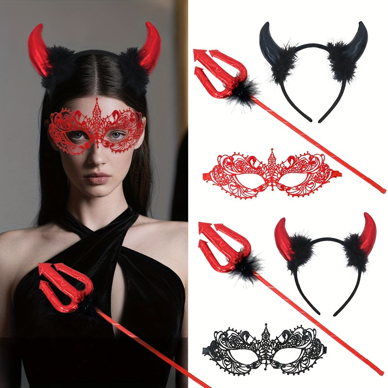 3 PCS Set Halloween Little Devil Wand Devil Horn Headband Performance Dance Party Props, Costume Accessory Set, Halloween Party Props, Halloween Headband Prop, Devil Wand And Horns, Little Devil Aesthetic, Costume-Inspired Pr