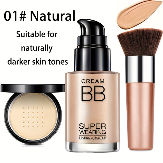 Flawless Face Makeup Kit- BB Cream & Makeup Powder & Brush, Includes Full Coverage Foundation, Moisturizing BB Cream, Waterproof Loose Setting Powder, Brush And Makeup Sponge, Hydrating Formula, Seamless Concealer, Longwear H
